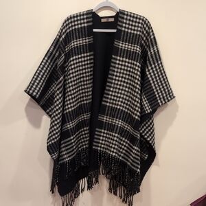 Black and White Plaid Poncho with Fringe